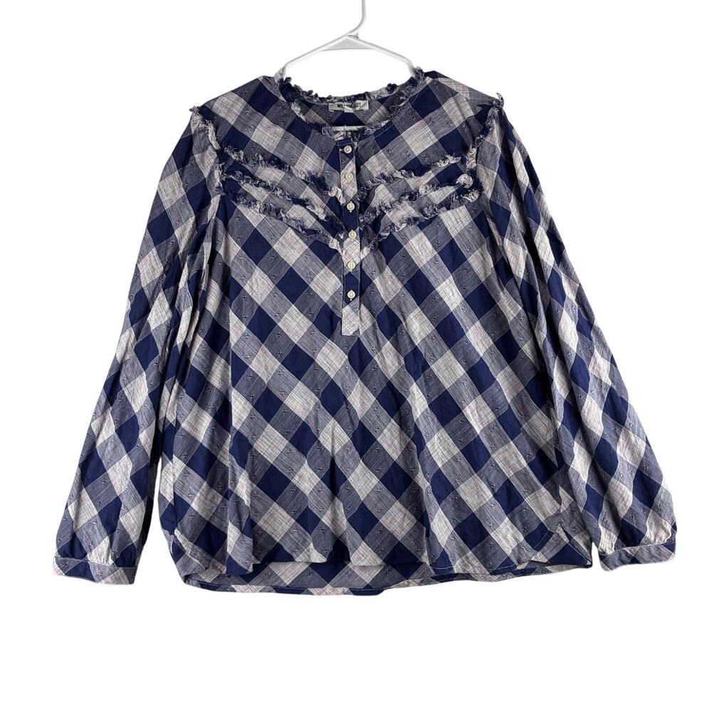 William Rast Long Sleeve Popover Blouse Womens XL Plaid Fringe Blue Pink Western